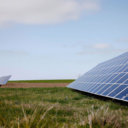 Panneaux solaires sur herbe, éolienne au fond, ciel clair